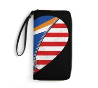 Leather Purse Heart America Flag and Marshall Islands Flag Clutch Wallet Card Case Women Card Case Soft Handbags for Evening Party, Teacher, Girls