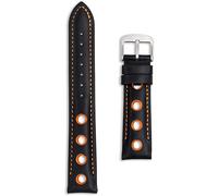 Leather Rally Sport Watch Strap | 20 mm Black with Orange Holes | Perforated Racing Band with Silver Buckle Replacement for Men Women | Spring Bars and Tool Included (Black/Orange, 20mm)