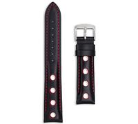 Leather Rally Sport Watch Strap | 24 mm Black with Red Holes | Perforated Racing Band with Silver Buckle Replacement for Men Women | Spring Bars and Tool Included (Black/Red, 24mm)