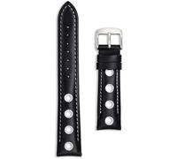 Leather Rally Sport Watch Strap | 24 mm Black with White Holes | Perforated Racing Band with Silver Buckle Replacement for Men Women | Spring Bars and Tool Included (Black/White, 24mm)