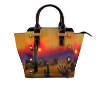 Leather Rivet Shoulder Sunset Cactus in Desert Print Bag Adjustable Shoulder Purse For Lady Work Travel Essentials