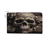 Leather Rose Skull Coin Purse Mini Pouch Change Wallet with Keychain Portable Change Wallet Canvas Coin Bag