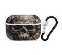 Leather Rose Skull Earbuds Organizer Shockproof Protective Airpods Pro Cover with Carabiner Clip Anti Fall Carrying Earphone Case Cover for Airpods Pro 2nd Generation White