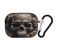 Leather Rose Skull Earbuds Organizer Shockproof Protective Airpods Pro Cover with Carabiner Clip Anti Fall Carrying Earphone Case Cover for Airpods Pro 2nd Generation Black