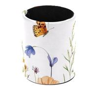 Leather Round Pencil Pen Cup Holder Stand Organizer Desktop Stationery Container Accessories for Decoration Office Desk Home School, Watercolor Wild Flowers and Yellow Butterflies