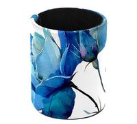 Leather Round Pencil Pen Cup Holder Stand Organizer Desktop Stationery Container Accessories for Decoration Office Desk Home School, Watercolor Blue Flowers Roses