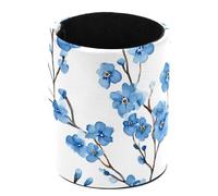 Leather Round Pencil Pen Cup Holder Stand Organizer Desktop Stationery Container Accessories for Decoration Office Desk Home School, Watercolor Light Blue Branches and Flowers