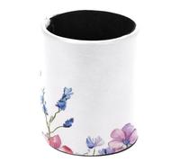 Leather Round Pencil Pen Cup Holder Stand Organizer Desktop Stationery Container Accessories for Decoration Office Desk Home School, Watercolor Colorful Wild Flowers and Butterflies