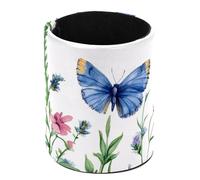 Leather Round Pencil Pen Cup Holder Stand Organizer Desktop Stationery Container Accessories for Decoration Office Desk Home School, Watercolor Wild Flowers and Butterflies Border