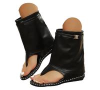 Leather Sandals For Women Retro Western Mid-Calf Wedge Sandal Boots Open-Toe Thong Boho Round Toe Cowboy Low Wedge Heel Boots