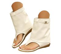 Leather Sandals For Women Retro Western Mid-Calf Wedge Sandal Boots Open-Toe Thong Boho Round Toe Cowboy Low Wedge Heel Boots
