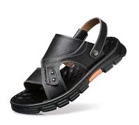 Leather Sandals Men's Summer Slippers Outdoor Trekking Sandals Comfortable Genuine Leather Summer Shoes Non-Slip Breathable Beach Sandals with Open Toe Leisure Sandals, black, 7 UK