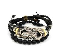 Leather Scorpion Bracelet Set with Black Beaded Band, 2-Piece Braided Wristband with Metal Charm