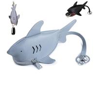 Leather Sharks Pouch Key Bag,Cute Shark Shape Car Key Bag with Keyring and Lanyard,Unique Cartoon Animal Zipper Coin Purse