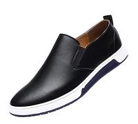 Leather Shoes for Men: Slip-on Solid Color Low Top Flat Bottom Shoes Business Classic Low Top Non-Slip Shoes Leather Uppers Soft Sole Shoes for Walking Wide Fit Comfortable Commuter Office Black