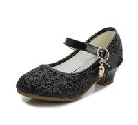 Leather Shoes Spring Autumn Causal Princess Shoes for Girls Fashion Sequins Wedding Party High Heel Shoe Non-Slip(Black,36)