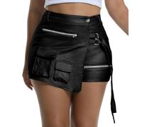 Leather Shorts Sexy High Waisted Faux Leather Split Skort Women's Y2K Cargo Shorts with Pockets for Rave Club, Black, M