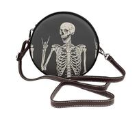 Leather Shoulder Bags For Women Skull Rock Roll Skeleton Bone Print Circle Trendy Bag Round Purses Handbag