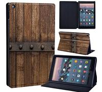 Leather slim lightweight Stand Cover Case Fit A m azon F i r e HD 10 Tablet 5th / 7th / 6th Generation - 2019, 2017, 2015 Release Tablet with Auto Wake/Sleep (wooden door)