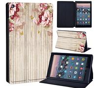 Leather slim lightweight Stand Cover Case Fit A m azon F i r e HD 10 Tablet 5th / 7th / 6th Generation - 2019, 2017, 2015 Release Tablet with Auto Wake/Sleep (pink flower and wood)