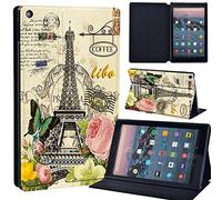 Leather slim lightweight Stand Cover Case Fit A m azon F i r e HD 10 Tablet 5th / 7th / 6th Generation - 2019, 2017, 2015 Release Tablet with Auto Wake/Sleep (retro eiffel tower)