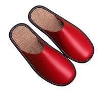 Leather Slippers Men Indoor Outdoor，linen Sandals Closed Toes，Couple's Home Indoor Breathable Non-slip Slippers Women (Color : Red, Size : 37/38 EU)