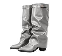 Leather Slouchy Boots for Women Knee High Square-Toe Block Heel | Pull On Wide Calf Anti-Skid Lightweight Autumn Winter Vintage Ladies Western Tall Boots Party