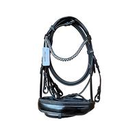 Leather Snaffle Show Bridle Patent Wide Noseband Black Diamante Browband with Rubber Reins (Pony)