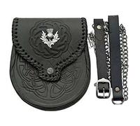 Leather Sporran Double Embossed Scottish Black Leather Kilt Sporran with Belt