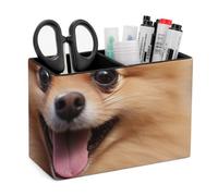 Leather Square Color Simple Pomeranian Dog Printed Pen Container Desktop Decoration Storage Accessories, Double Compartment Pen Container Ideal for Home Offices