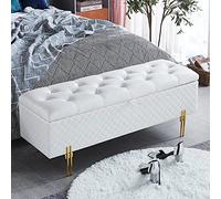 Leather Storage Bench,Luxurious Storage Ottoman End Of Bed Bench,Buttons Upholstered Bench With Storage,Modern Storage Benches Bedroom Bench Storage Chest,White,39inch(100cm)