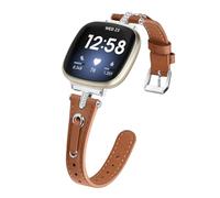 Leather Straps Compatible with Fitbit Versa 4/Versa 3 Strap for Women, Genuine Leather Wristband Metal Bling Rhinestone Replacement Watch Band Strap Bracelet for Sense 2/Sense (Brown/Silver)