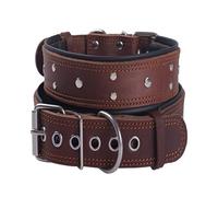 Leather Studded Dog Collar，Padded Extra Thick and 5cm Wide, Strong Genuine Soft Leather，Heavy Duty for Medium Large and Extra Large Dog Breeds（Brown,XXL)