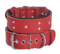 Leather Studded Dog Collar，Padded Extra Thick and 5cm Wide, Strong Genuine Soft Leather，Heavy Duty for Medium Large and Extra Large Dog Breeds（Red,XL)