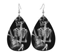 Leather Teardrop Earrings For Women, Abstract X-Ray Skull Skeleton Playing Guitar Lightweight Dangle Earrings Fashion Jewelry Gifts For Women Ladies