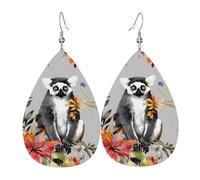 Leather Teardrop Earrings For Women, Animals Lemur Flowers Pattern Lightweight Dangle Earrings Fashion Jewelry Gifts For Women Ladies