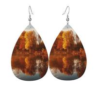Leather Teardrop Earrings For Women, Autumn Forest Reflected In The Lake At Sunset Lightweight Dangle Earrings Fashion Jewelry Gifts For Women Ladies
