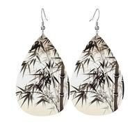 Leather Teardrop Earrings For Women, Bamboo Tree Image Chinese Calligraphy Lightweight Dangle Earrings Fashion Jewelry Gifts For Women Ladies