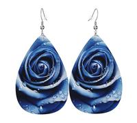 Leather Teardrop Earrings For Women, Beautiful Blue Rose Illustration Lightweight Dangle Earrings Fashion Jewelry Gifts For Women Ladies