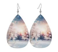 Leather Teardrop Earrings For Women, Beautiful Landscape Trees Snow Flakes Lightweight Dangle Earrings Fashion Jewelry Gifts For Women Ladies