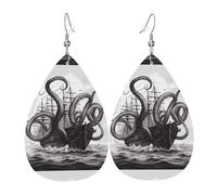 Leather Teardrop Earrings For Women, Black And White Octopus And Ship Lightweight Dangle Earrings Fashion Jewelry Gifts For Women Ladies