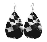 Leather Teardrop Earrings For Women, Black White Formula Checkered Flags Lightweight Dangle Earrings Fashion Jewelry Gifts For Women Ladies