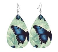 Leather Teardrop Earrings For Women, Blue Butterfly Pattern Lightweight Dangle Earrings Fashion Jewelry Gifts For Women Ladies