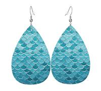 Leather Teardrop Earrings For Women, Blue Waves Squama Mermaid Scale Lightweight Dangle Earrings Fashion Jewelry Gifts For Women Ladies