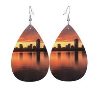 Leather Teardrop Earrings For Women, Boston Charles River City Skyline Sunset Lightweight Dangle Earrings Fashion Jewelry Gifts For Women Ladies