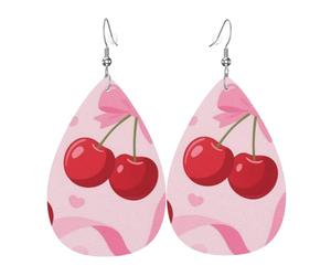 Leather Teardrop Earrings For Women, Cherry Pink Bow With Red Lips Lightweight Dangle Earrings Fashion Jewelry Gifts For Women Ladies