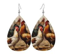 Leather Teardrop Earrings For Women, Chicken And Rooster Print Lightweight Dangle Earrings Fashion Jewelry Gifts For Women Ladies