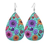 Leather Teardrop Earrings For Women, Colored Doodle Flowers Lightweight Dangle Earrings Fashion Jewelry Gifts For Women Ladies