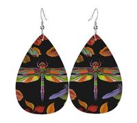 Leather Teardrop Earrings for Women, Colorful Art Dragonfly Print Lightweight Drop Earrings Jewelry Accessories