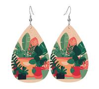 Leather Teardrop Earrings for Women, Colorful Green Plant Print Lightweight Drop Earrings Jewelry Accessories